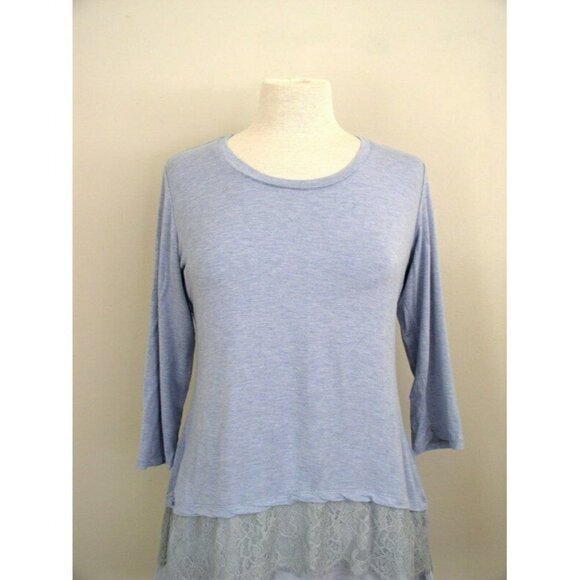 LOGO Lori Goldstein Blue Satin & Lace Hem Tunic SP - Picture 3 of 10